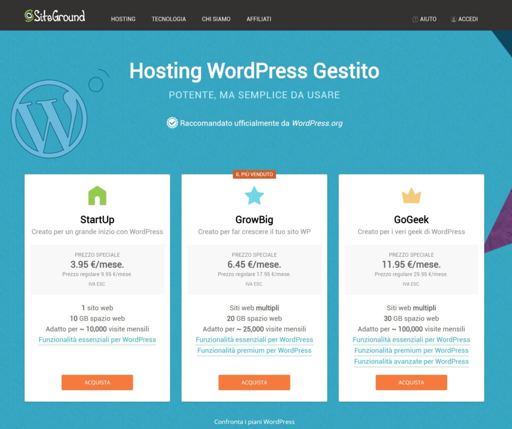 Hosting sito WordPress scelta piano